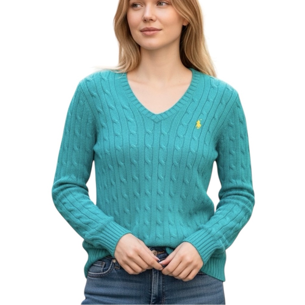 Ralph Lauren Blue V-Neck Slim Fit Cable Knit Cotton Sweater w/ Pony - Medium
